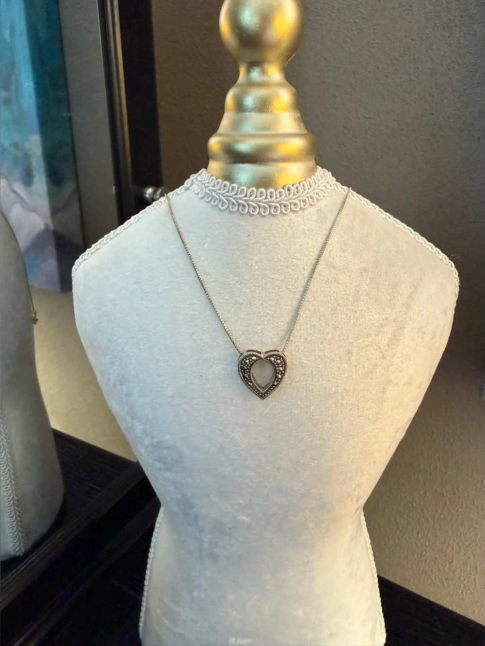 Vintage Sterling Silver Marcasite Heart Side Pendant SS Necklace